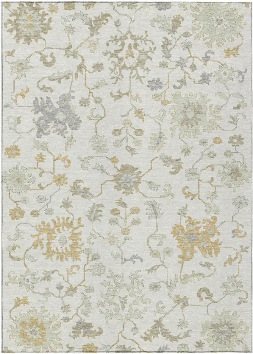 Ivory Gray And Taupe Floral Washable Indoor Outdoor Area Rug Photo 1