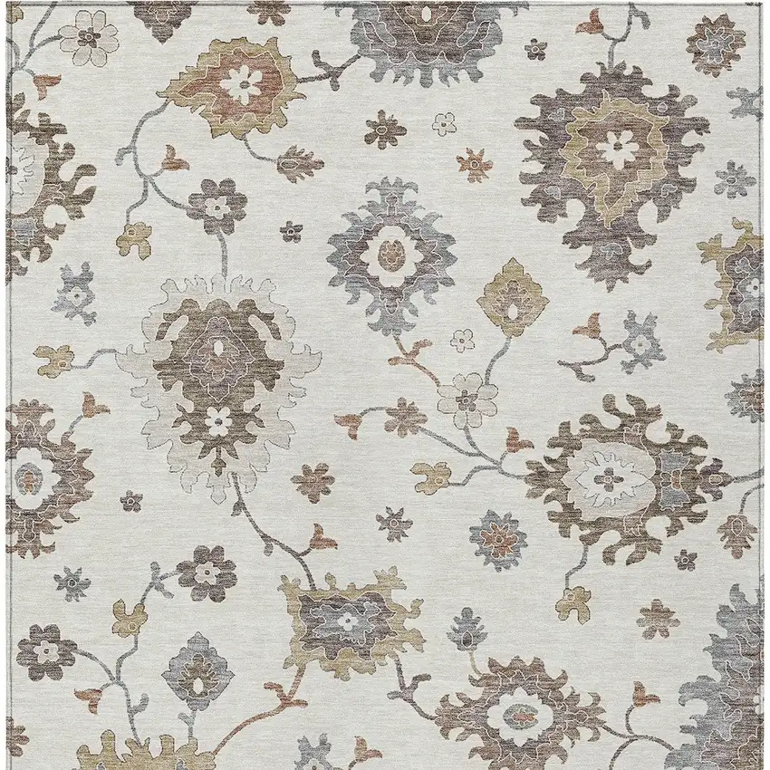 Ivory Gray And Taupe Floral Washable Indoor Outdoor Area Rug Photo 6
