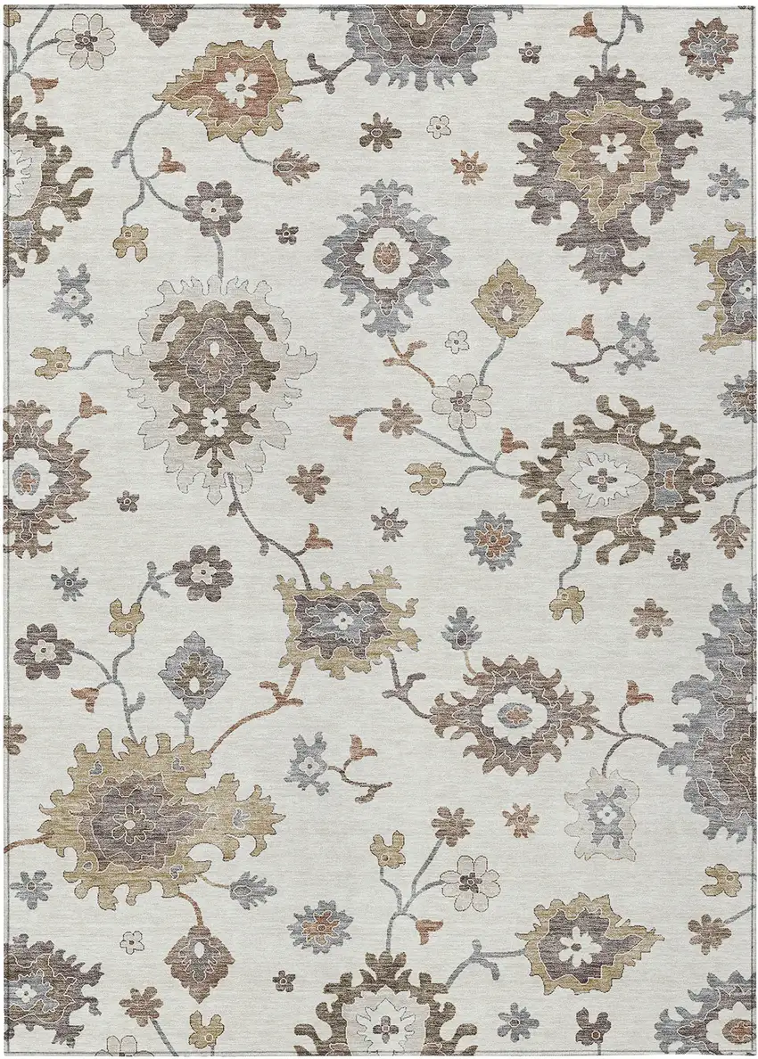 Ivory Gray And Taupe Floral Washable Indoor Outdoor Area Rug Photo 1