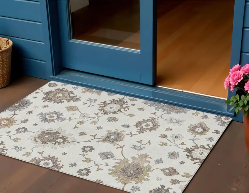 Ivory Gray And Taupe Floral Washable Indoor Outdoor Area Rug Photo 1