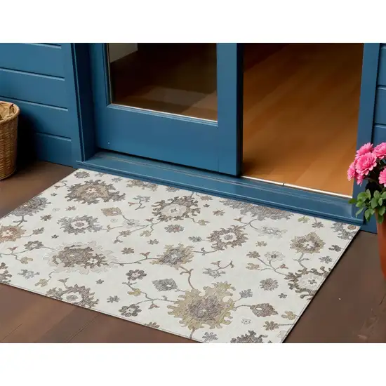 Ivory Gray And Taupe Floral Washable Indoor Outdoor Area Rug Photo 1
