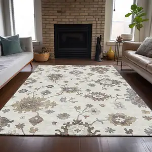 Photo of Ivory Gray And Taupe Floral Washable Indoor Outdoor Area Rug