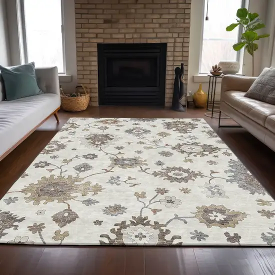 Ivory Gray And Taupe Floral Washable Indoor Outdoor Area Rug Photo 8