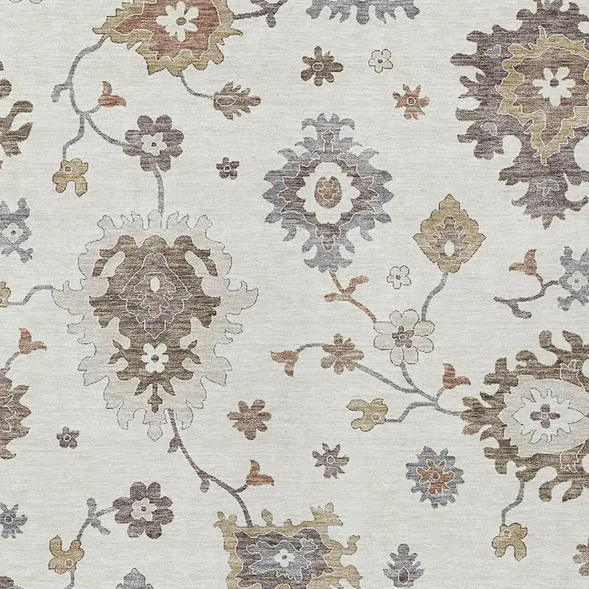 Ivory Gray And Taupe Floral Washable Indoor Outdoor Area Rug Photo 4