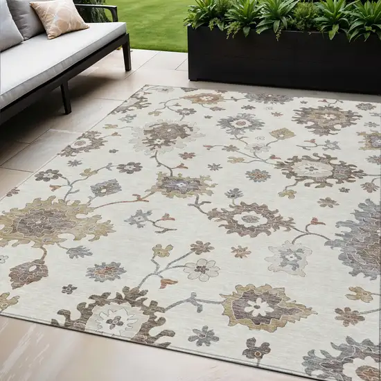 Ivory Gray And Taupe Floral Washable Indoor Outdoor Area Rug Photo 1