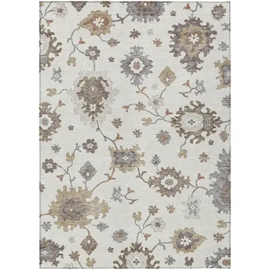 Ivory Gray And Taupe Floral Washable Indoor Outdoor Area Rug Photo 1