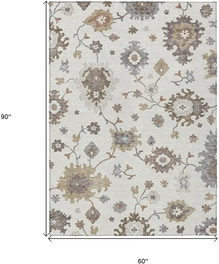 Ivory Gray And Taupe Floral Washable Indoor Outdoor Area Rug Photo 8