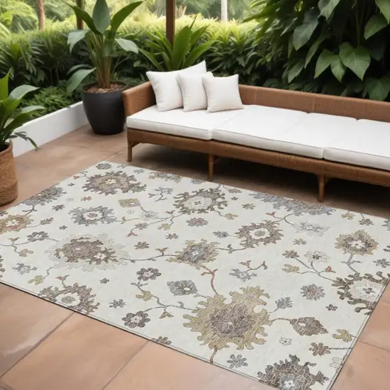 Ivory Gray And Taupe Floral Washable Indoor Outdoor Area Rug Photo 1