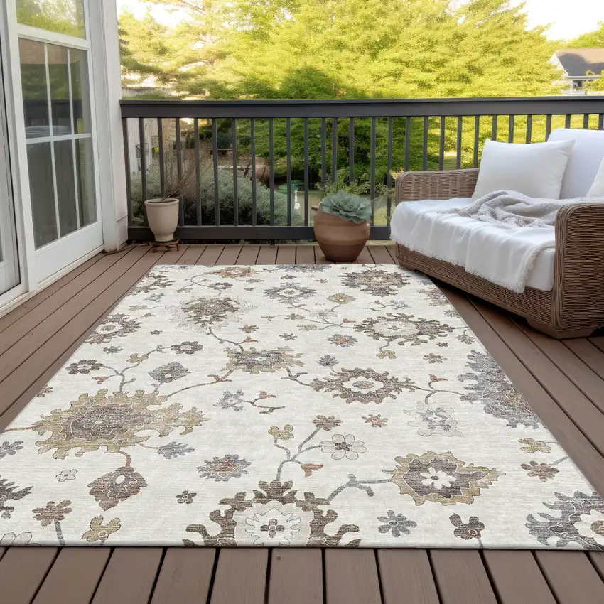 Ivory Gray And Taupe Floral Washable Indoor Outdoor Area Rug Photo 7