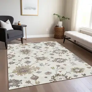 Photo of Ivory Gray And Taupe Floral Washable Indoor Outdoor Area Rug
