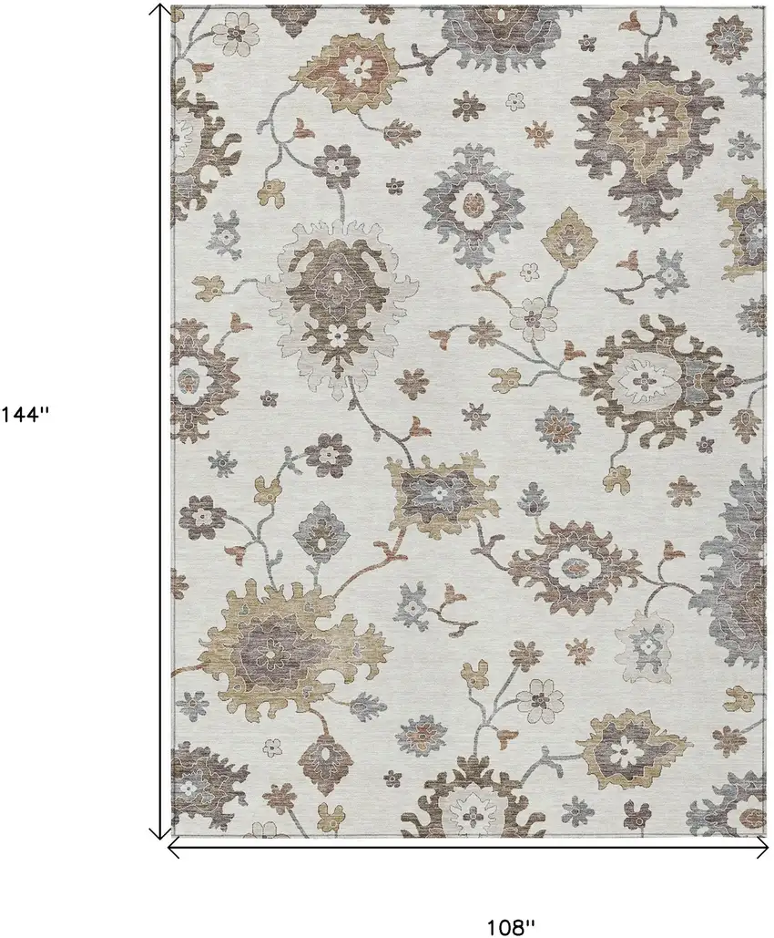 Ivory Gray And Taupe Floral Washable Indoor Outdoor Area Rug Photo 7