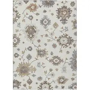 Photo of Ivory Gray And Taupe Floral Washable Indoor Outdoor Area Rug