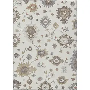 Photo of Ivory Gray And Taupe Floral Washable Indoor Outdoor Area Rug