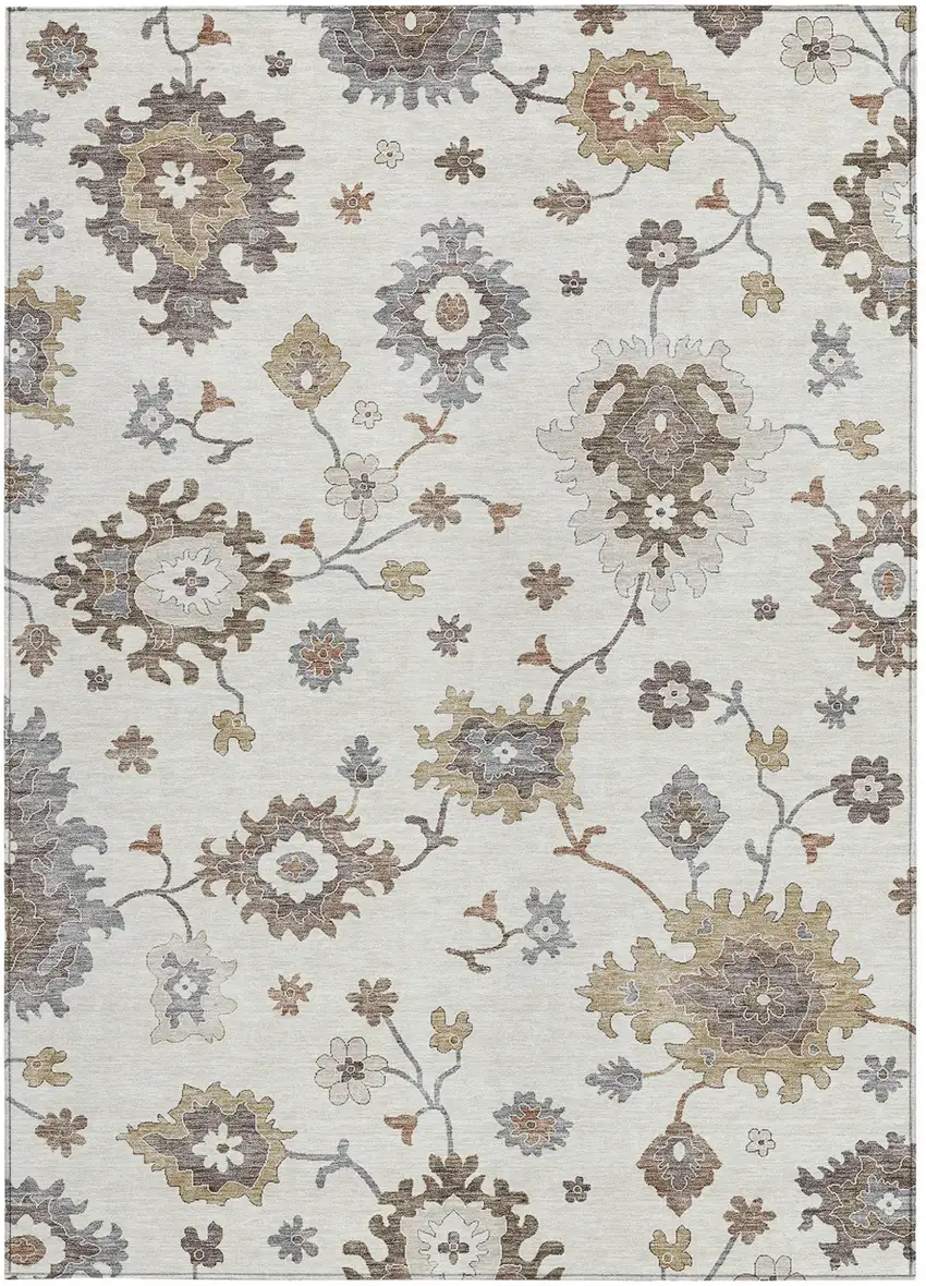 Ivory Gray And Taupe Floral Washable Indoor Outdoor Area Rug Photo 5