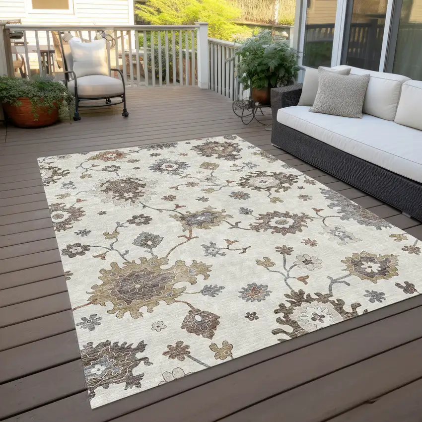 Ivory Gray And Taupe Floral Washable Indoor Outdoor Area Rug Photo 9