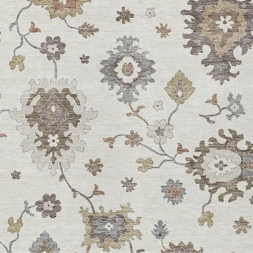 Ivory Gray And Taupe Floral Washable Indoor Outdoor Area Rug Photo 4