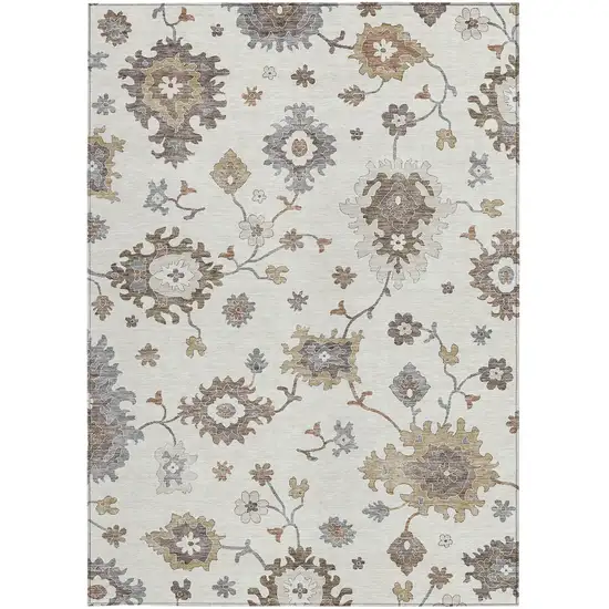 Ivory Gray And Taupe Floral Washable Indoor Outdoor Area Rug Photo 6