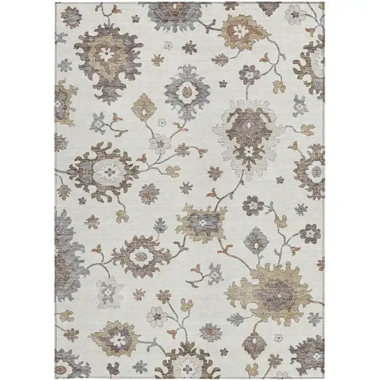 Ivory Gray And Taupe Floral Washable Indoor Outdoor Area Rug Photo 6