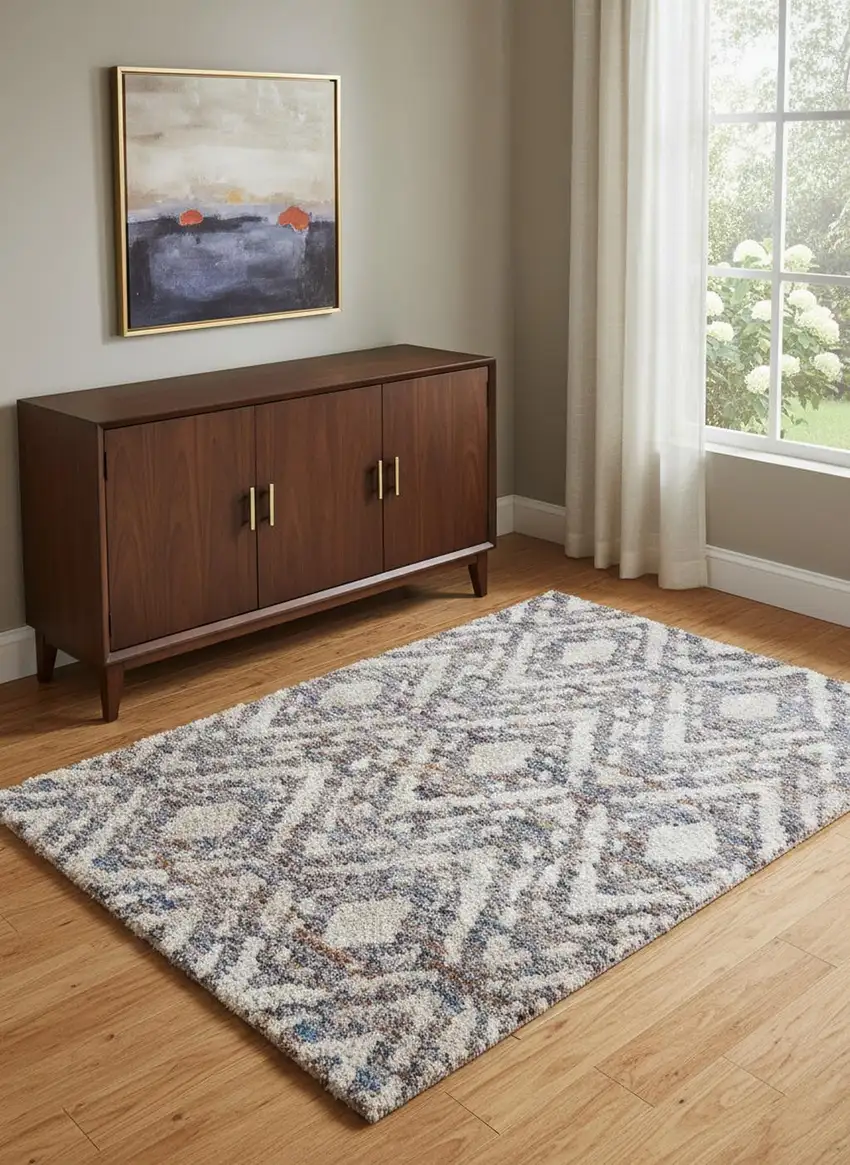 Ivory Gray And Taupe Geometric Power Loom Stain Resistant Area Rug Photo 1