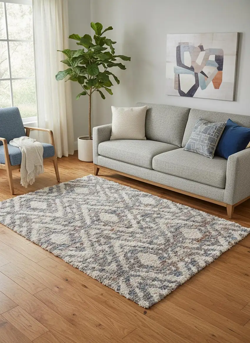 Ivory Gray And Taupe Geometric Power Loom Stain Resistant Area Rug Photo 1