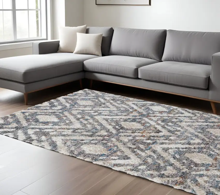 Gray and Ivory Geometric Power Loom Area Rug Photo 1