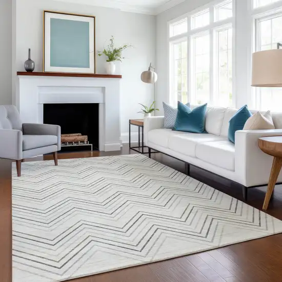 Ivory Gray And Taupe Geometric Washable Indoor Outdoor Area Rug Photo 6