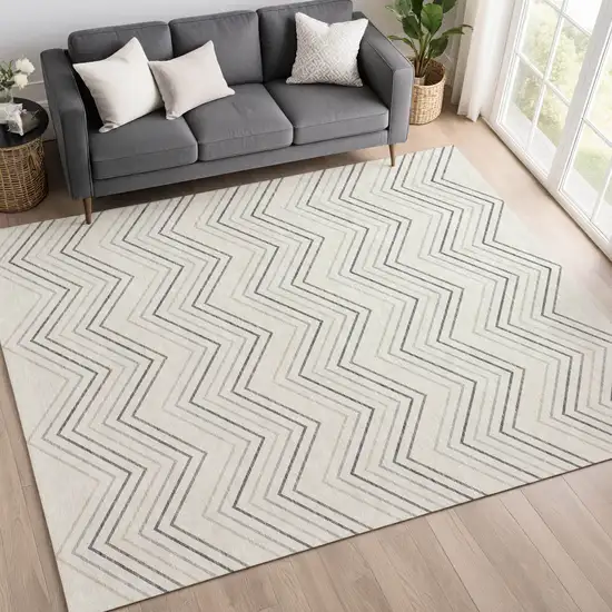Ivory Gray And Taupe Geometric Washable Indoor Outdoor Area Rug Photo 5