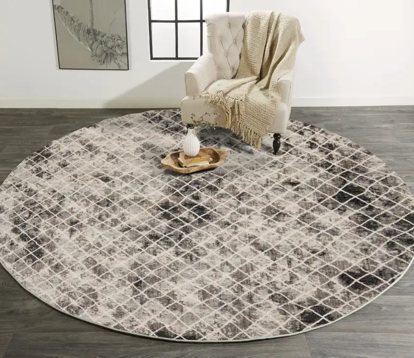 Ivory Gray And Taupe Round Abstract Stain Resistant Area Rug Photo 6