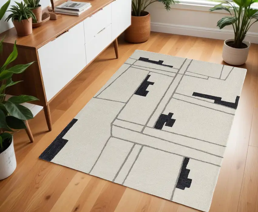 Gray and Ivory Wool Abstract Hand Tufted Area Rug Photo 1