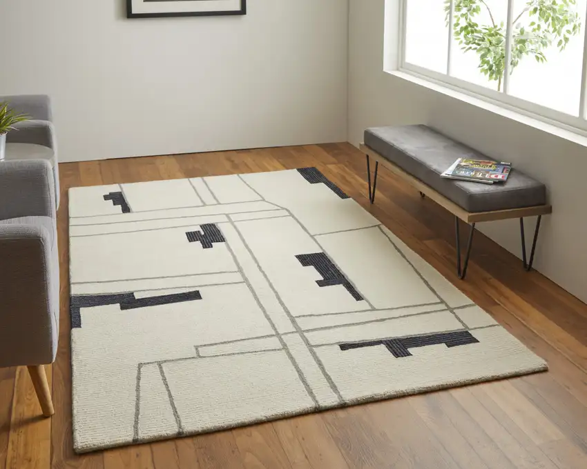 Ivory Gray And Taupe Wool Abstract Tufted Handmade Area Rug Photo 8