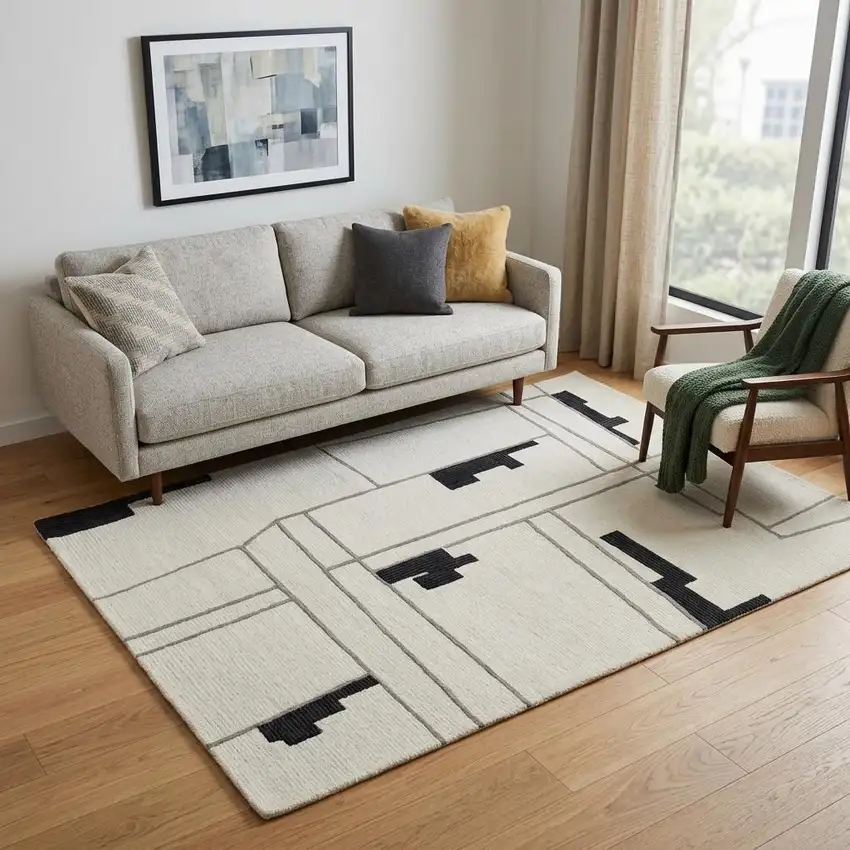 Gray and Ivory Wool Abstract Hand Tufted Area Rug Photo 1