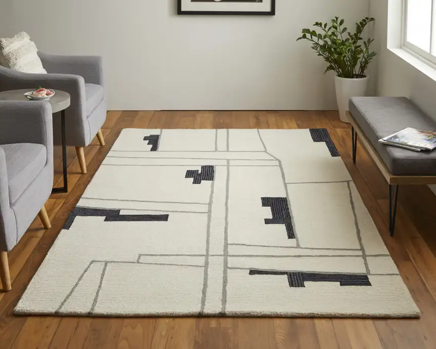 Ivory Gray And Taupe Wool Abstract Tufted Handmade Area Rug Photo 9