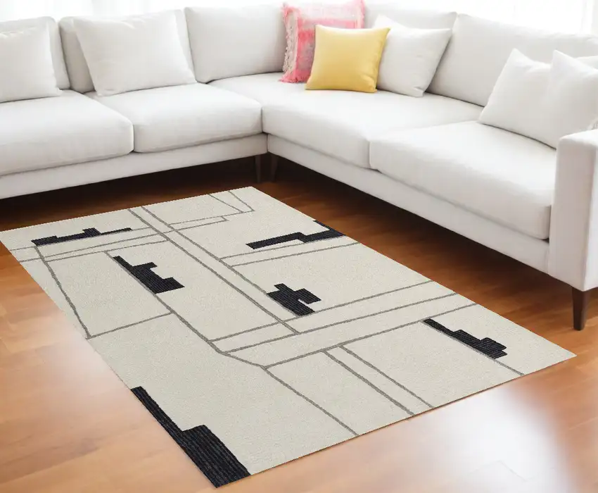 Gray and Ivory Wool Abstract Hand Tufted Area Rug Photo 1
