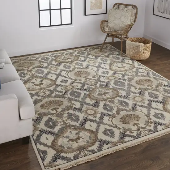 Ivory Gray And Taupe Wool Floral Hand Knotted Stain Resistant Area Rug Photo 7