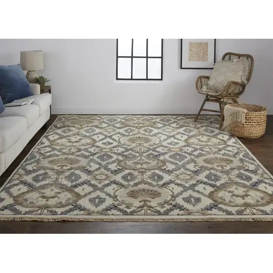 Ivory Gray And Taupe Wool Floral Hand Knotted Stain Resistant Area Rug Photo 6