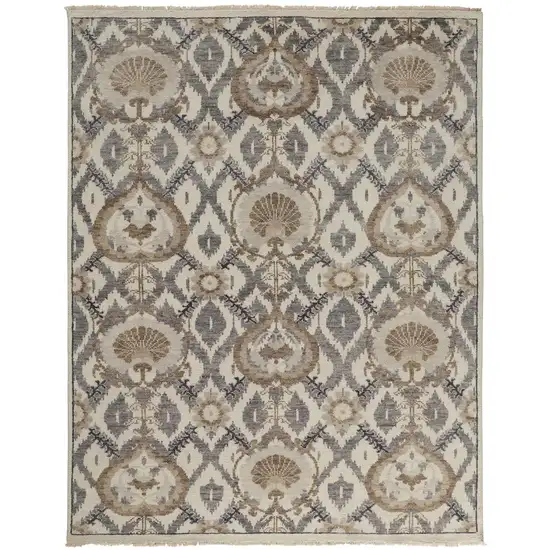 Gray and Ivory Wool Floral Hand Knotted Area Rug Photo 2