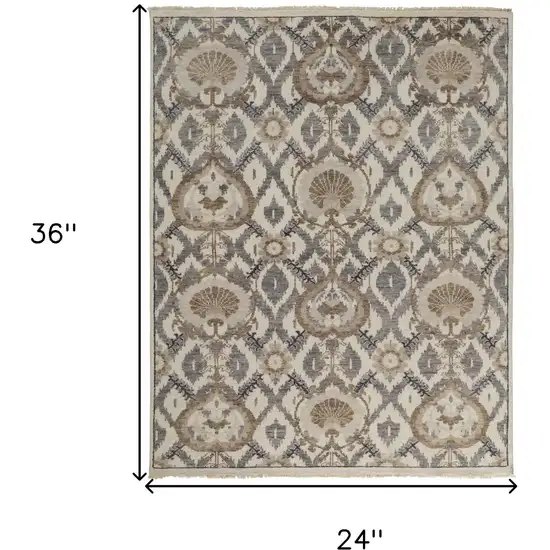 Gray and Ivory Wool Floral Hand Knotted Area Rug Photo 3