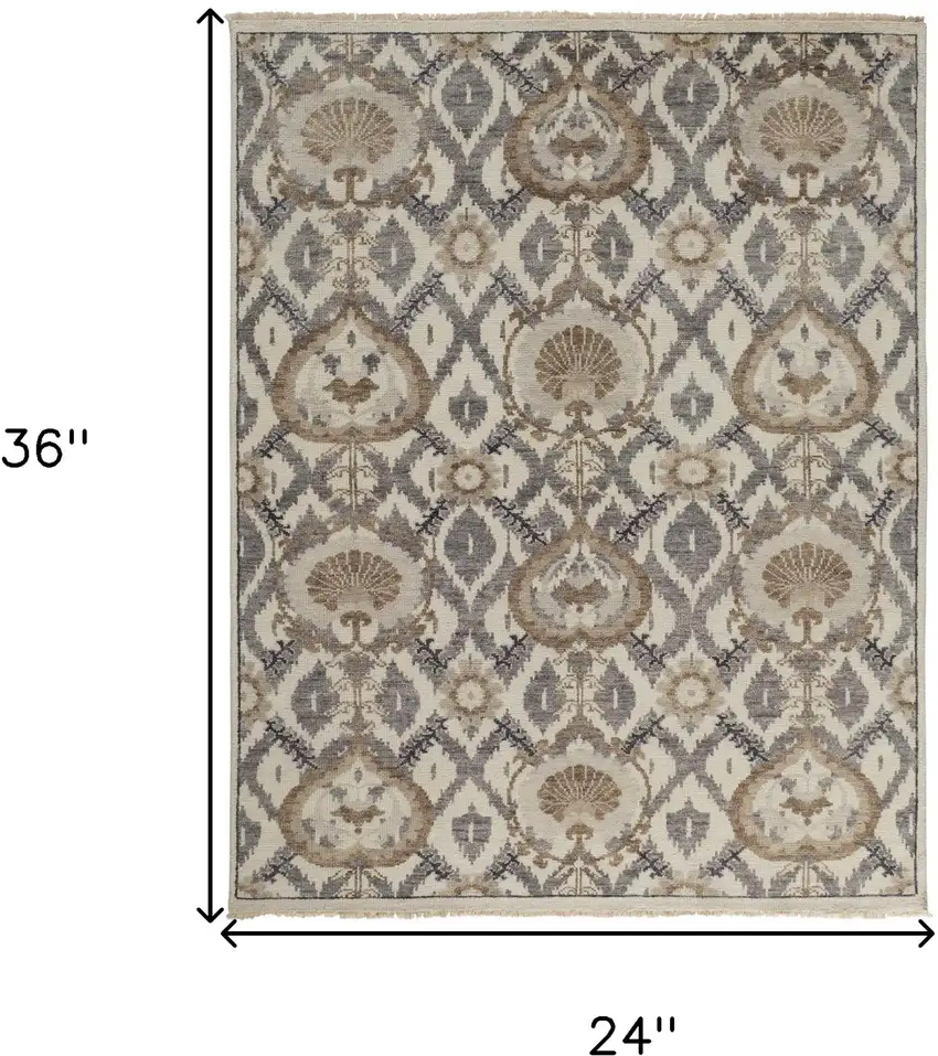 Gray and Ivory Wool Floral Hand Knotted Area Rug Photo 3