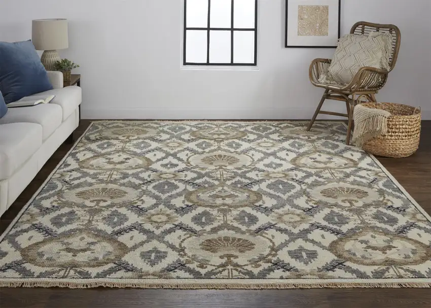 Ivory Gray And Taupe Wool Floral Hand Knotted Stain Resistant Area Rug Photo 6