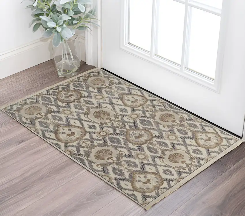 Gray and Ivory Wool Floral Hand Knotted Area Rug Photo 1
