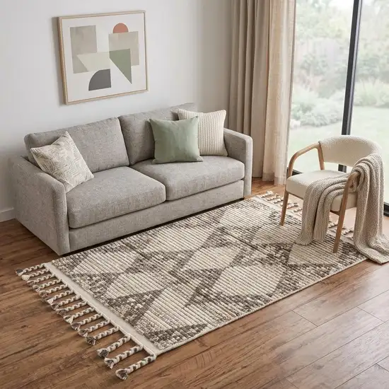Ivory Gray And Taupe Wool Geometric Hand Knotted Area Rug Photo 1