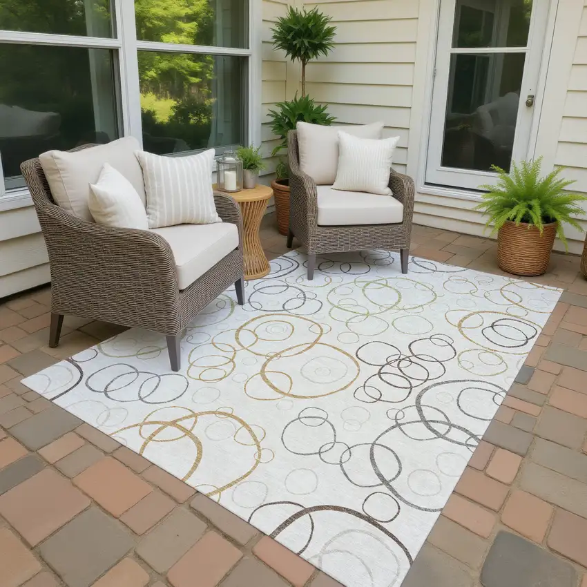 Ivory Gray And Walnut Geometric Washable Indoor Outdoor Area Rug Photo 4