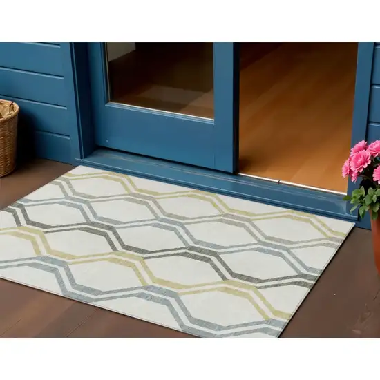 Ivory Gray And Wheat Geometric Washable Indoor Outdoor Area Rug Photo 1
