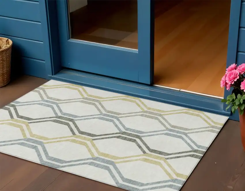 Ivory Gray And Wheat Geometric Washable Indoor Outdoor Area Rug Photo 1