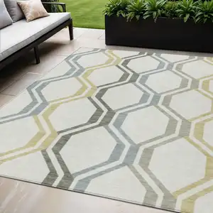 Photo of Ivory Gray And Wheat Geometric Washable Indoor Outdoor Area Rug