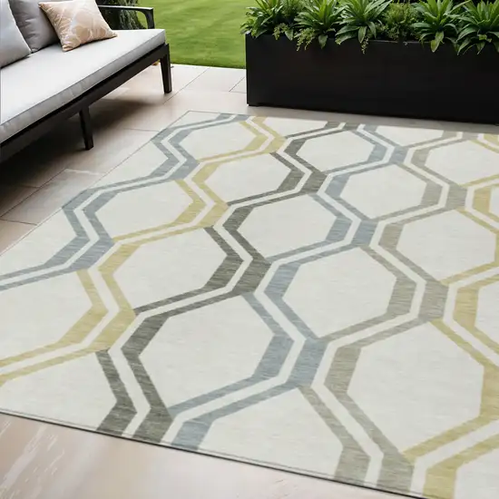 Ivory Gray And Wheat Geometric Washable Indoor Outdoor Area Rug Photo 1