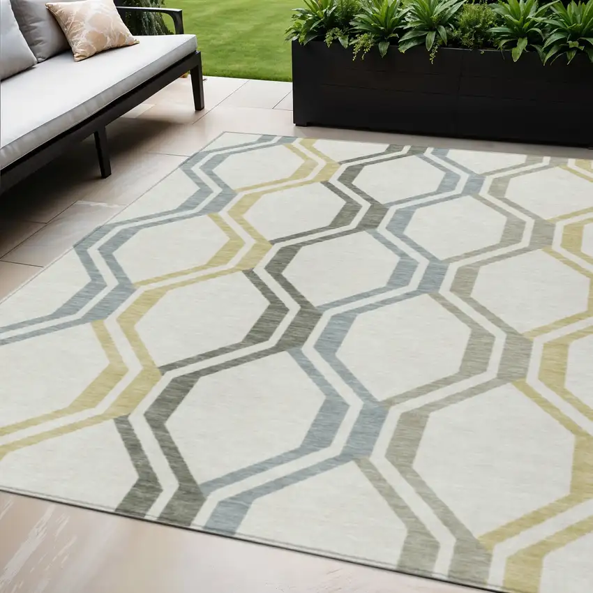 Ivory Gray And Wheat Geometric Washable Indoor Outdoor Area Rug Photo 1
