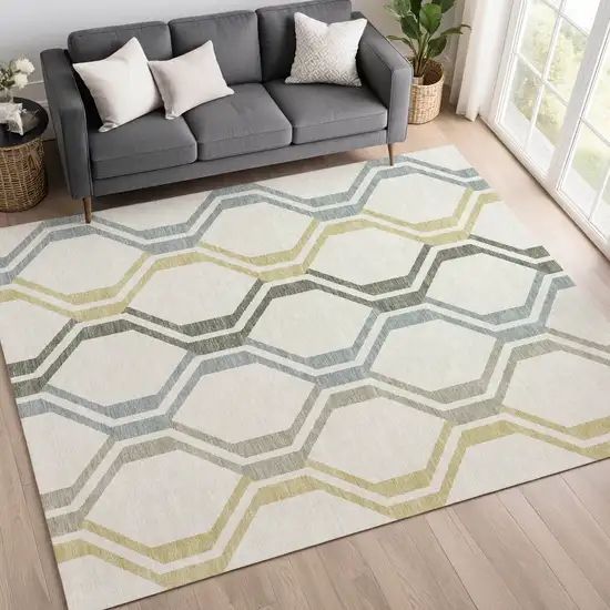 Ivory Gray And Wheat Geometric Washable Indoor Outdoor Area Rug Photo 9