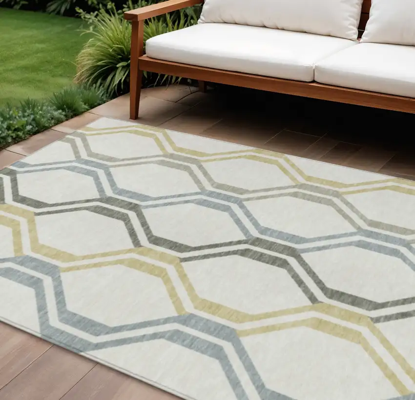 Ivory Gray And Wheat Geometric Washable Indoor Outdoor Area Rug Photo 1