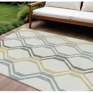 Photo of Ivory Gray And Wheat Geometric Washable Indoor Outdoor Area Rug